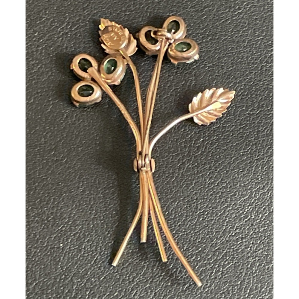 CORO Sterling Floral Brooch Rose Gold Tone Green Rhinestone Pin Delicate Vintage - Picture 6 of 9